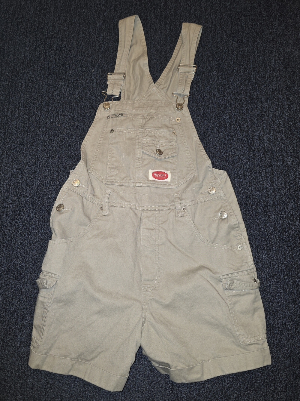 Revolt Women's Beige Cotton Overall Shorts One-Piece Small Pockets Khaki Romper